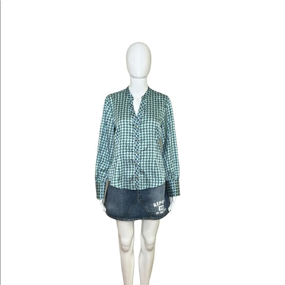 Zara Women Size M Blouse Collarless Long Sleeve Shirt Blue Green Geometric New - Picture 6 of 13